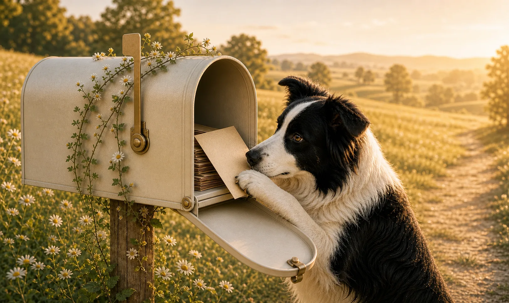 Orien carrying a blank letter beside a garden mailbox