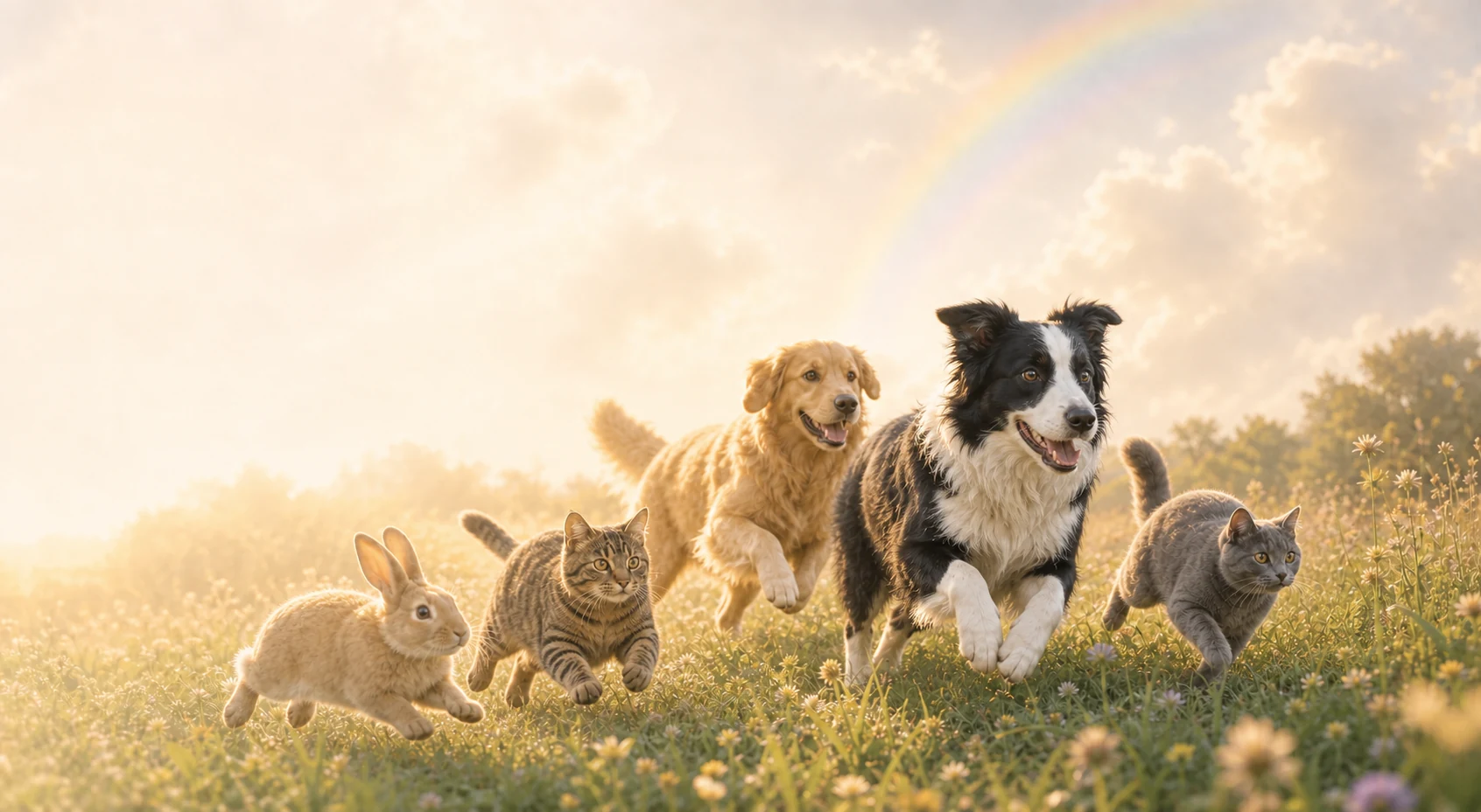 Orien and other pets playing together in a warm meadow