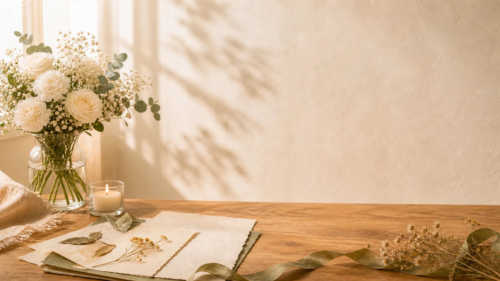 Warm tabletop with paper, flowers, and soft daylight