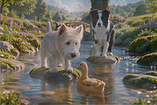 Charlie, a white terrier, watches Daisy the duck in a stream, with Orien on a stepping stone behind him.